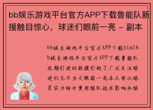 bb娱乐游戏平台官方APP下载鲁能队新援触目惊心，球迷们眼前一亮 - 副本